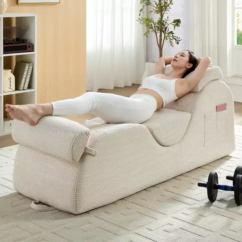 Mjkone Chaise Longue de Yoga en Velours Côtelé, Canapé de Yoga Incurvé avec Appui-Tête/Coussin Lombaire/Repose-Pieds Amovibles, Base Antidérapante