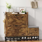 Meuble à chaussures avec banc, Meuble de rangement à chaussures étroit et mince de style rustique avec 2 tiroirs basculants pour entrée, salon, couloir