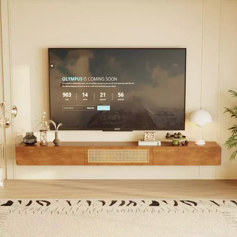Meuble TV flottant mural Luck Live Mid-Century Modern 200 cm avec portes et tiroirs en rotin