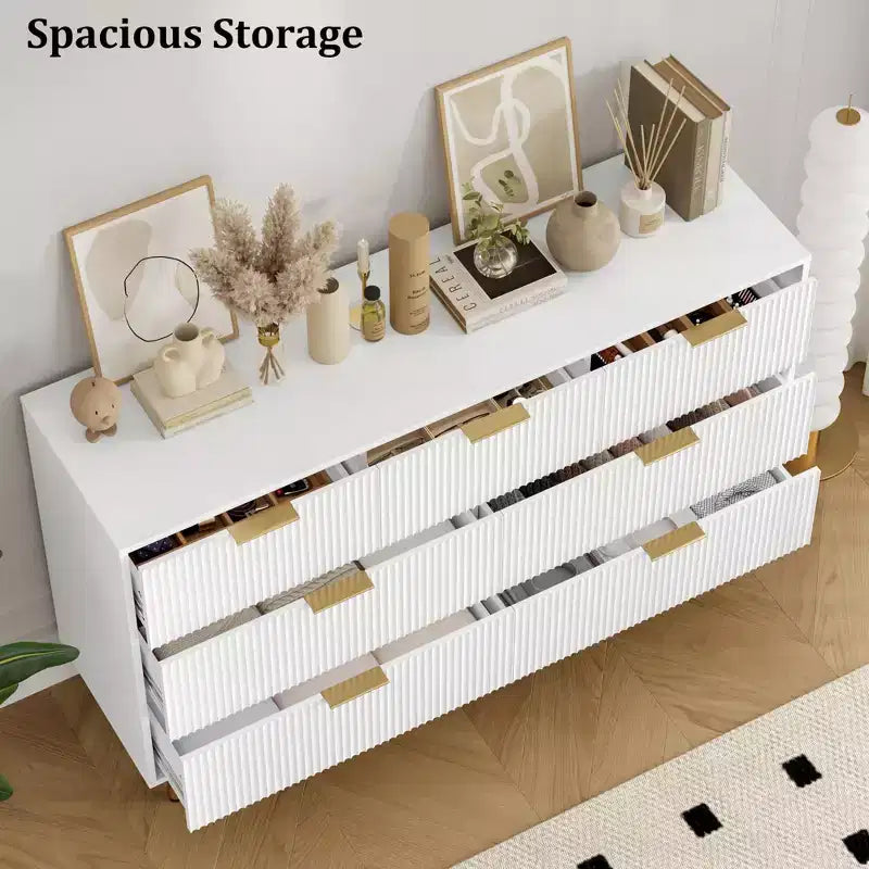 Commode moderne à 7 tiroirs cannelés avec poignées dorées, large commode de rangement en bois pour chambre à coucher, salon, entrée