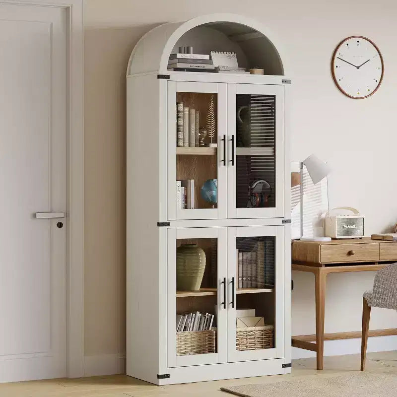 Bibliothèque en bois à arcades de 181 cm de haut avec portes, étagères arrondies style ferme pour salon, cuisine, bureau (blanc)