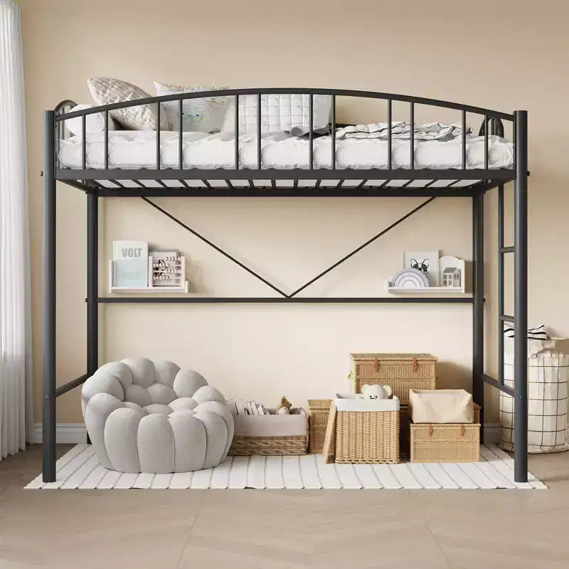 Lit mezzanine double moderne en métal, peu encombrant, usage intensif, garde-corps arqué, échelle de sécurité, sommier tapissier non requis – Noir mat ou gris