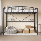 Lit mezzanine double moderne en métal, peu encombrant, usage intensif, garde-corps arqué, échelle de sécurité, sommier tapissier non requis – Noir mat ou gris