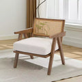 Fauteuil d'appoint de ferme du milieu du siècle - Fauteuil en bois avec dossier en rotin et coussin en lin pour salon, chambre