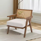 Fauteuil d'appoint de ferme du milieu du siècle - Fauteuil en bois avec dossier en rotin et coussin en lin pour salon, chambre