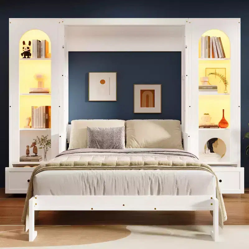 Lit escamotable Queen Size avec armoires latérales et éclairage LED, lit armoire pliant avec étagères de rangement et tiroirs pour chambre d'amis, blanc