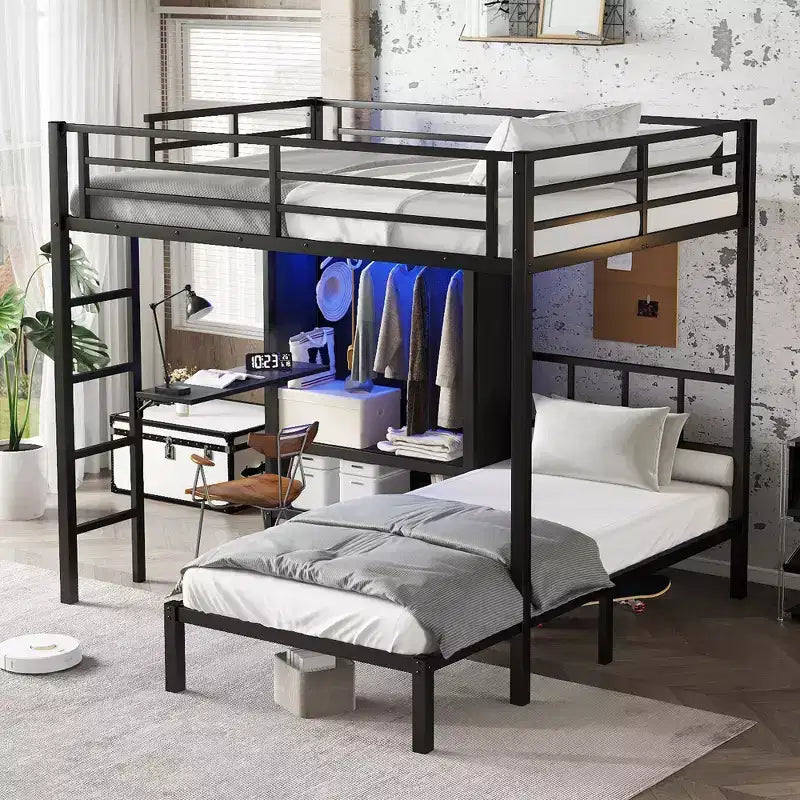 Bellemave – Lit superposé en métal Full XL sur jumeau avec bureau pliant, placard avec LED, peu encombrant/réduction du bruit, noir