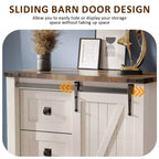 Commode haute moderne de style ferme à 5 tiroirs avec porte coulissante de style grange, organisateur de rangement pour chambre à coucher, salon et chambre d'enfant.