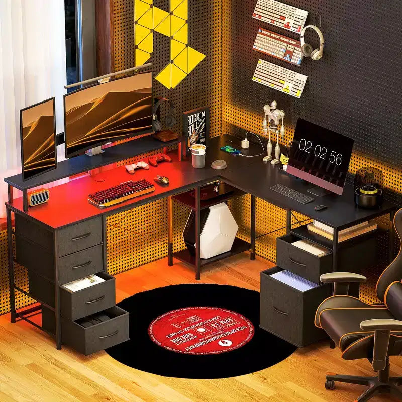 HOMCOM Bureau réversible en L de 167 cm avec tiroir-classeur, bureau double de 266 cm avec prise de courant et lumière LED, étagère pour écran et support CPU
