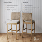 Tabouret de bar Beacon Bohemian Boucle, Chaise de comptoir rembourrée avec structure en bois massif et dossier en jonc de mer tressé