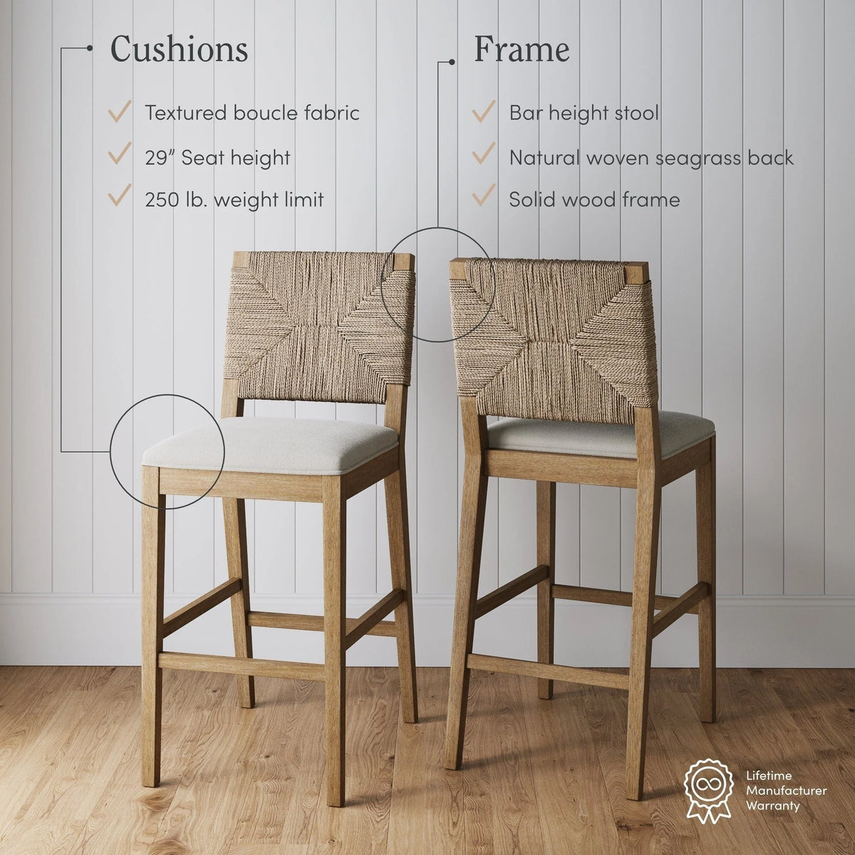Tabouret de bar Beacon Bohemian Boucle, Chaise de comptoir rembourrée avec structure en bois massif et dossier en jonc de mer tressé
