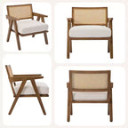 Fauteuil d'appoint de ferme du milieu du siècle - Fauteuil en bois avec dossier en rotin et coussin en lin pour salon, chambre