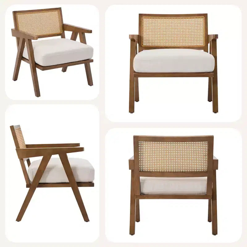 Fauteuil d'appoint de ferme du milieu du siècle - Fauteuil en bois avec dossier en rotin et coussin en lin pour salon, chambre