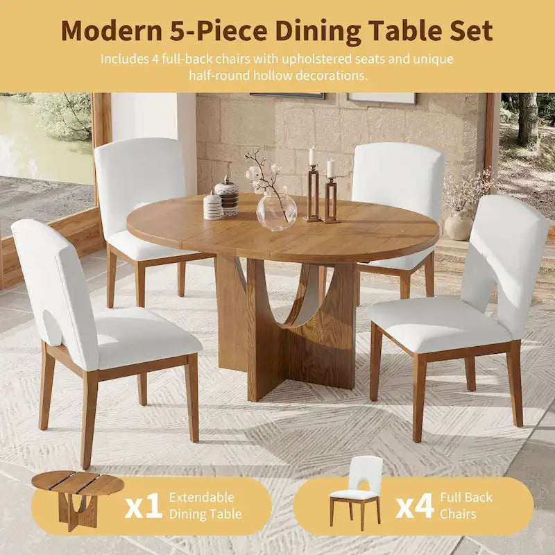 Ensemble de salle à manger moderne 5 pièces avec table ronde extensible à rallonge amovible et chaises de salle à manger rembourrées