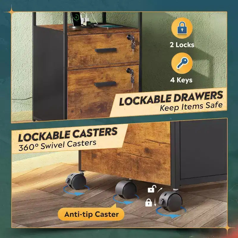 Classeur à 2 tiroirs, support d'imprimante mobile avec étagère de rangement ouverte, meuble de classement en bois pour documents A4 ou format lettre pour bureau à domicile