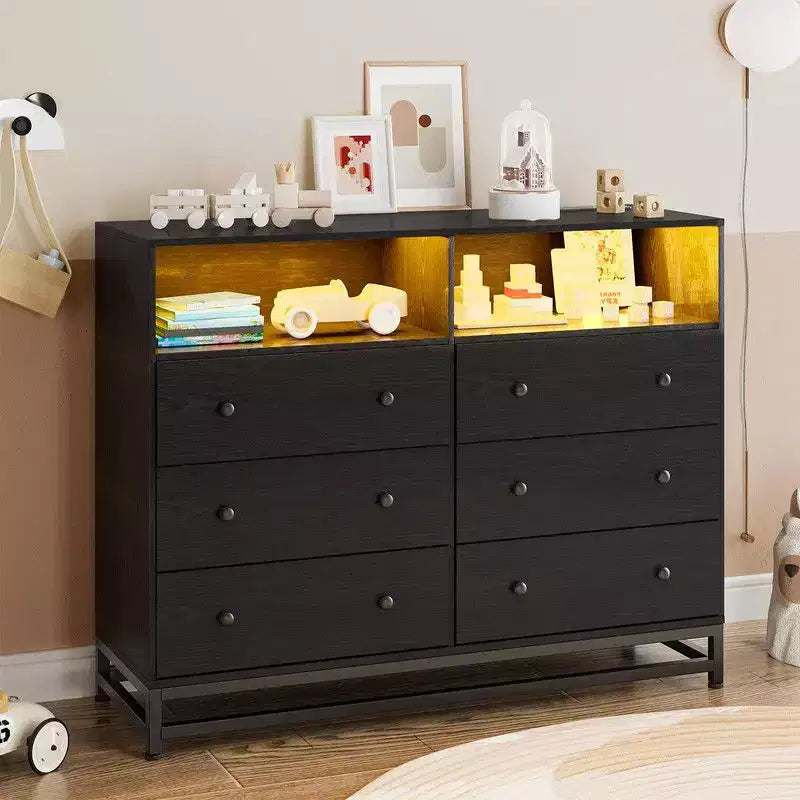 47 Commodes en bois pour chambre à coucher avec 6 tiroirs, commode en bois avec lumières LED et prise de courant