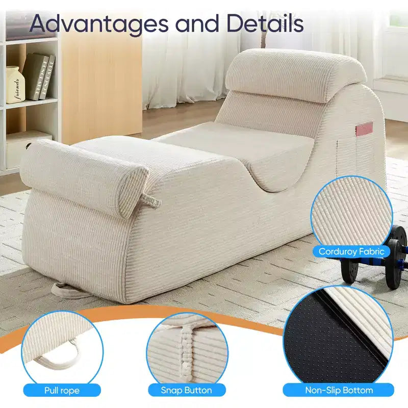Mjkone Chaise Longue de Yoga en Velours Côtelé, Canapé de Yoga Incurvé avec Appui-Tête/Coussin Lombaire/Repose-Pieds Amovibles, Base Antidérapante