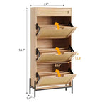 Meuble à chaussures en rotin naturel, 3 portes abattantes avec 1 tiroir, meuble de rangement autonome avec étagères réglables à 3 niveaux pour l'entrée