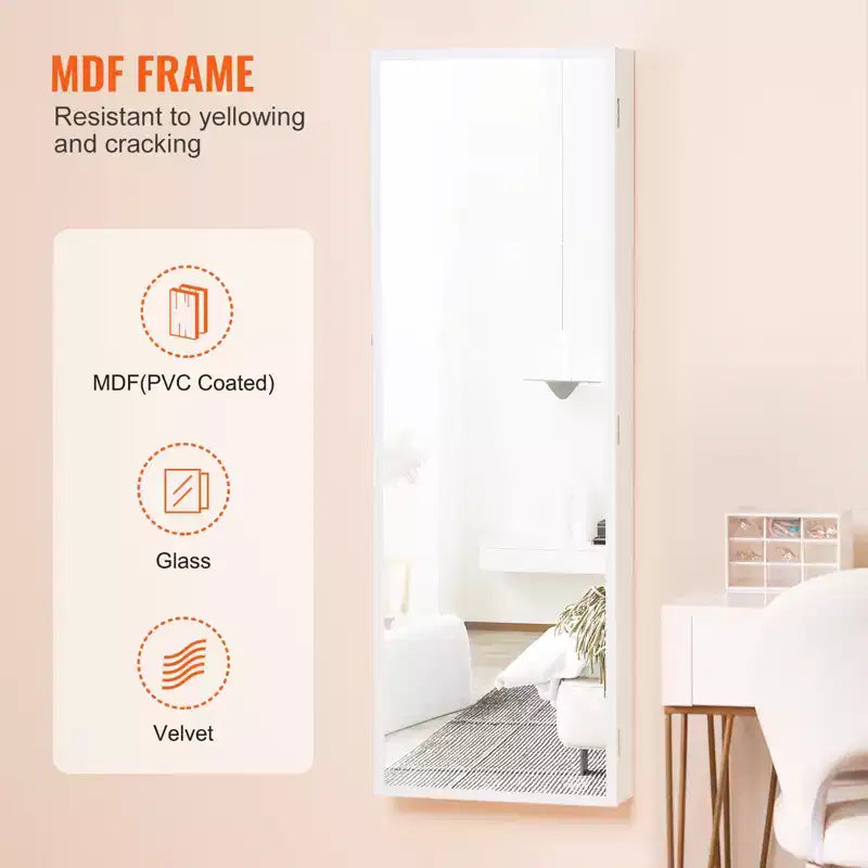 Meuble à bijoux avec miroir VEVOR, armoire à bijoux verrouillable de 108 cm de haut avec miroir pleine longueur, miroir à bijoux mural ou à suspendre à la porte, blanc