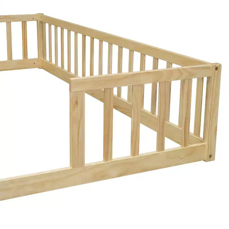 Lit double Bellemave avec barrières de sécurité, en pin et bois composite, naturel et gris, sûr, robuste, peu encombrant, assemblage facile pour enfants