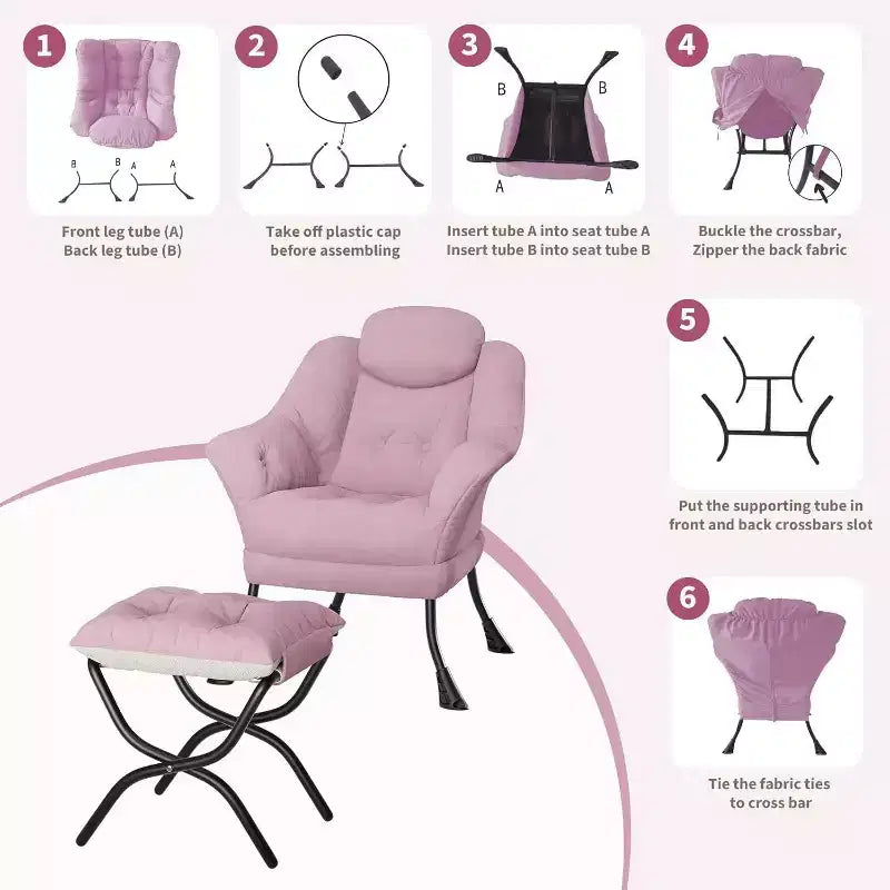 Fauteuil d'appoint confortable en velours Acekool pour adultes, fauteuil de lecture ergonomique avec accoudoirs rembourrés, repose-pieds pliable, poche latérale, rose, gris