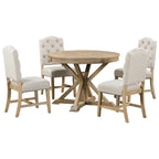 Ensemble de salle à manger 5 pièces en bois de style rétro avec table ronde extensible et 4 chaises, finition bois naturel vieilli
