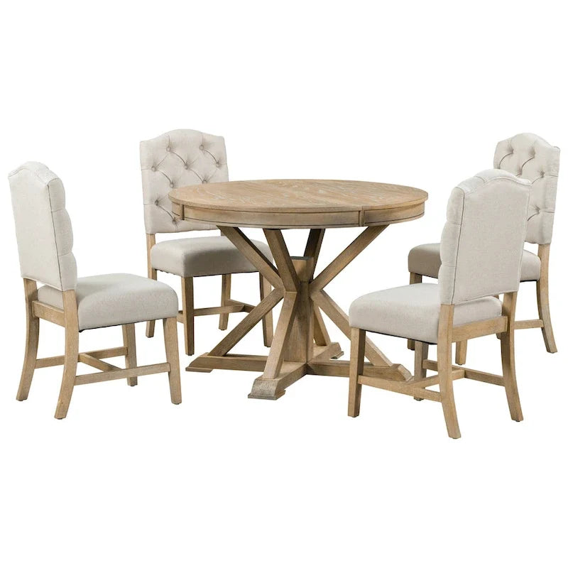 Ensemble de salle à manger 5 pièces en bois de style rétro avec table ronde extensible et 4 chaises, finition bois naturel vieilli
