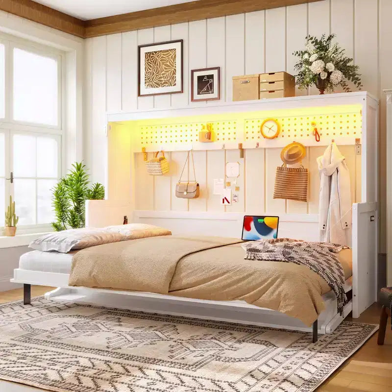Lit escamotable Dalton en bois GDFStudio avec bureau intégré et station de charge USB