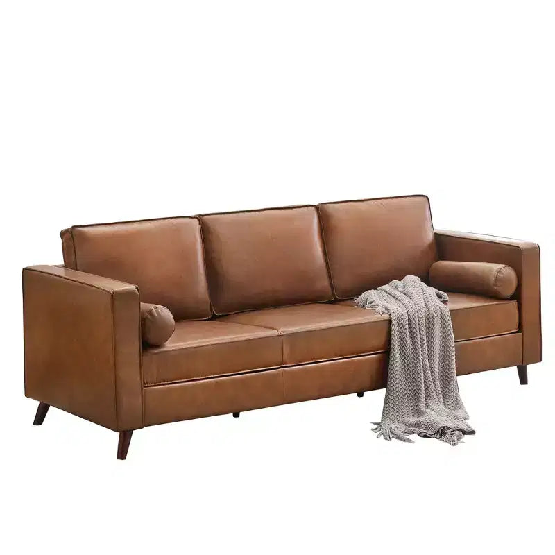 Canapé en Cuir Marron, Canapé Moderne du Milieu du Siècle de 83 po, Canapé 3 Places avec Accoudoirs et Coussins Confortables, Canapés Profonds en Similicuir pour Salon, Chambre, Bureau