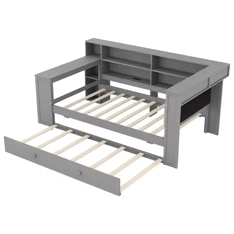 Lit plateforme double en bois Luxystar avec tête de lit capitonnée, 8 étagères de rangement, lit gigogne et bureau