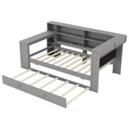 Lit plateforme double en bois Luxystar avec tête de lit capitonnée, 8 étagères de rangement, lit gigogne et bureau