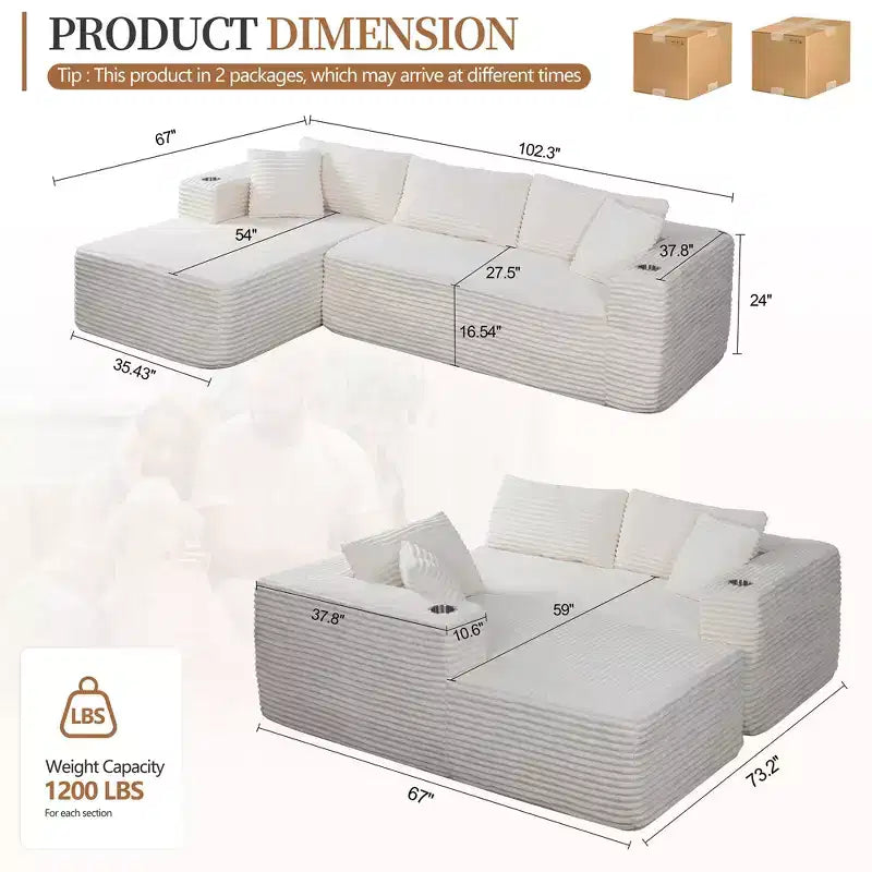 Celebalcony Canapé modulaire sans os 103, chaise longue en forme de L avec 2 porte-gobelets, canapés nuages moelleux en velours côtelé pour salon, aucun assemblage requis
