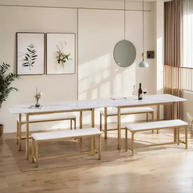 Ensemble table de cuisine extensible 3 pièces VECELO 63" avec bancs, salle à manger moderne pour 8/6/4 personnes, noir/marron/blanc