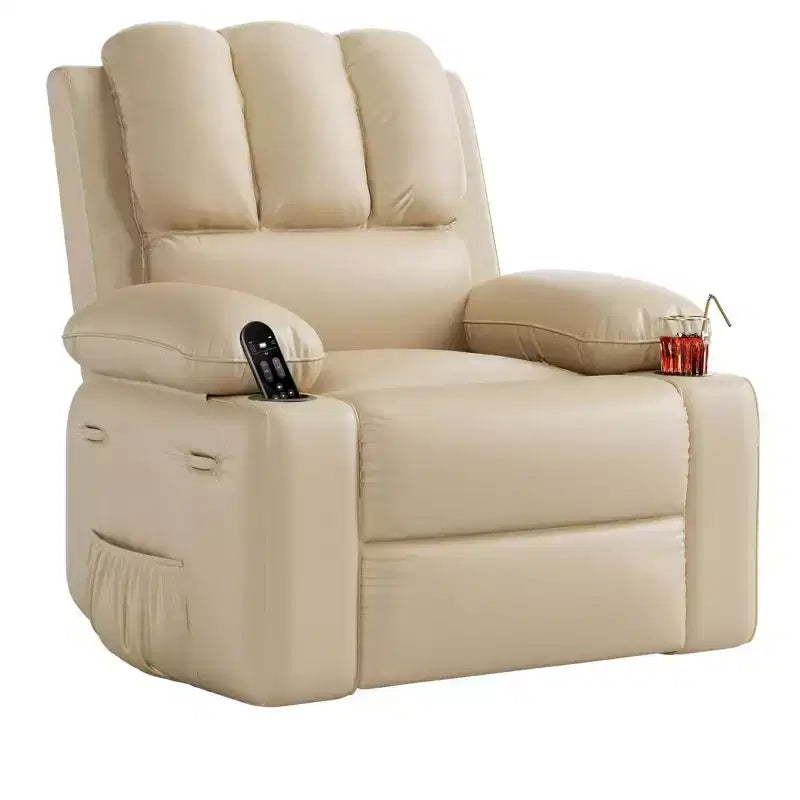 Fauteuil inclinable pour adultes, fauteuil inclinable manuel à bascule en similicuir, fauteuil inclinable pivotant à 360 degrés avec poche latérale, fauteuil inclinable simple, beige