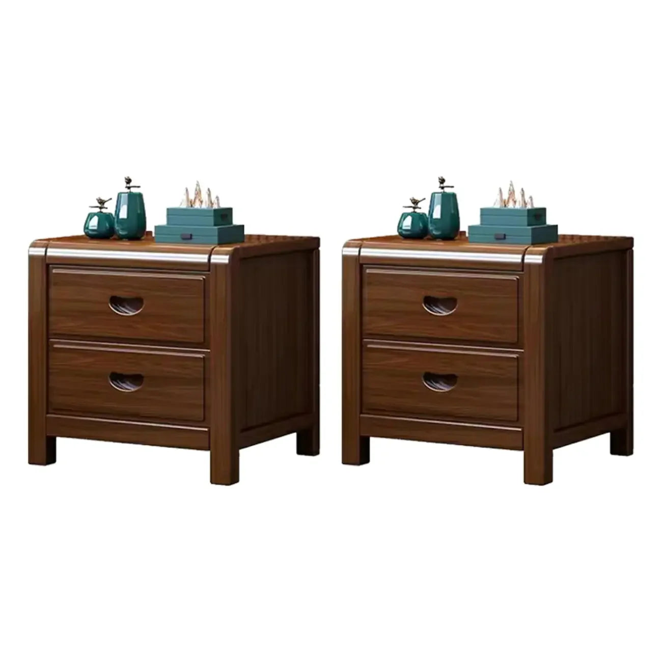 Petite Table de Chevet en Bois Marron Noyer Traditionnel à 2 Tiroirs