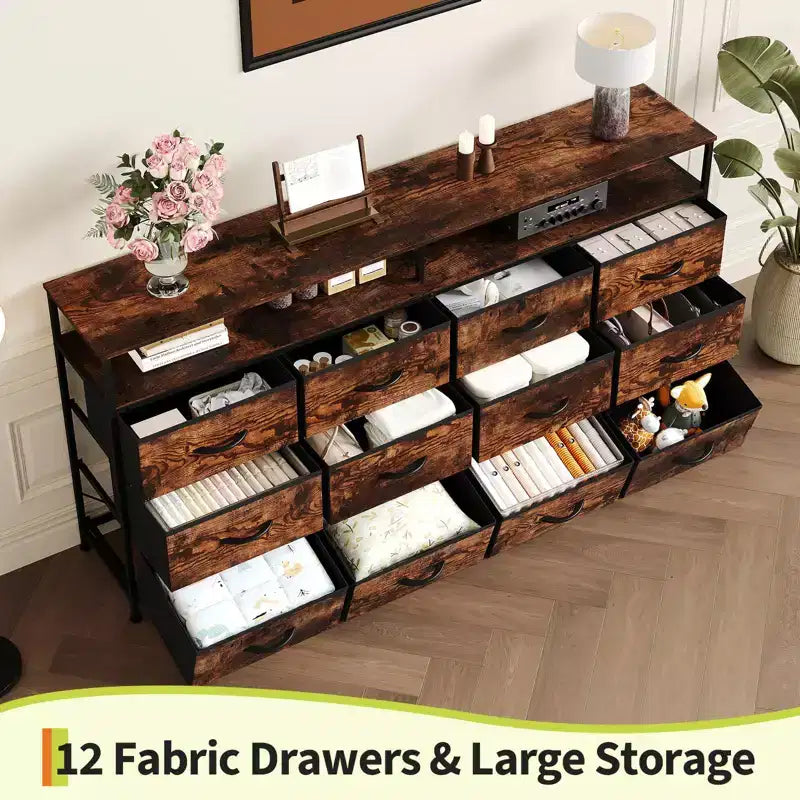 Commode TV de 160 cm en tissu pour chambre à coucher - Commode longue à 12 tiroirs pour salon - Commode noire avec étagères ouvertes