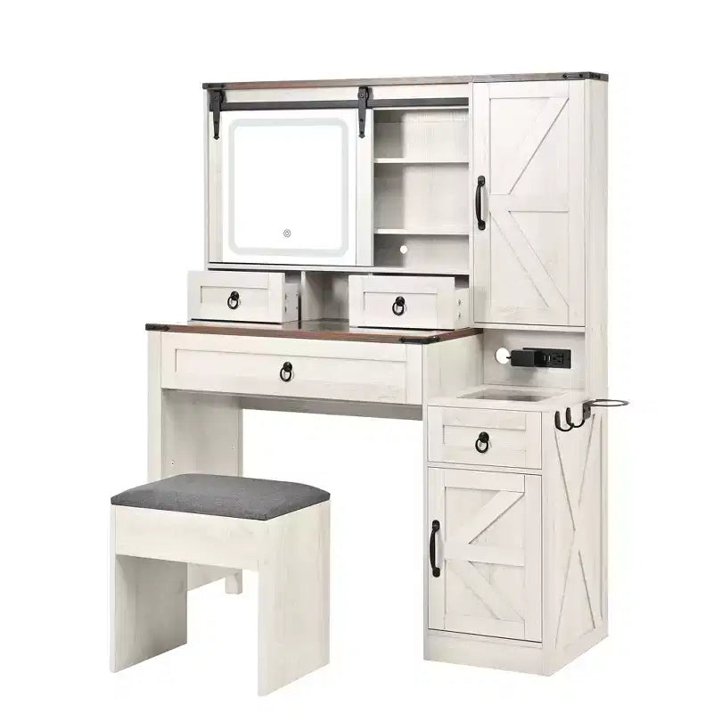 Coiffeuse de ferme avec miroir coulissant à LED, 4 tiroirs et 2 armoires, station de charge, plateau en verre et armoire latérale pour chambre à coucher