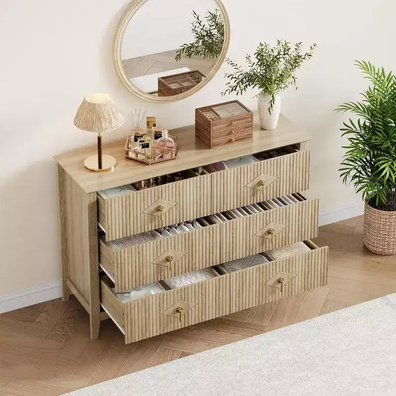 Acekool Commode cannelée à 6 tiroirs de 120 cm, Meuble de rangement moderne pour chambre à coucher, salon