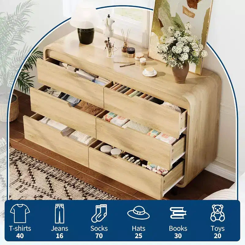 Commode à 6 tiroirs GustoWave, commode en bois avec pieds en métal et kit anti-basculement, meuble de rangement à coins arrondis pour chambre ou salon