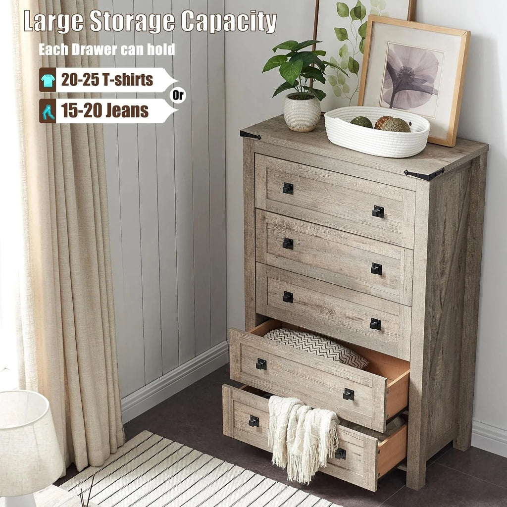 Commode en bois de style campagnard, 5 tiroirs, 122 cm de hauteur, pour chambre à coucher
