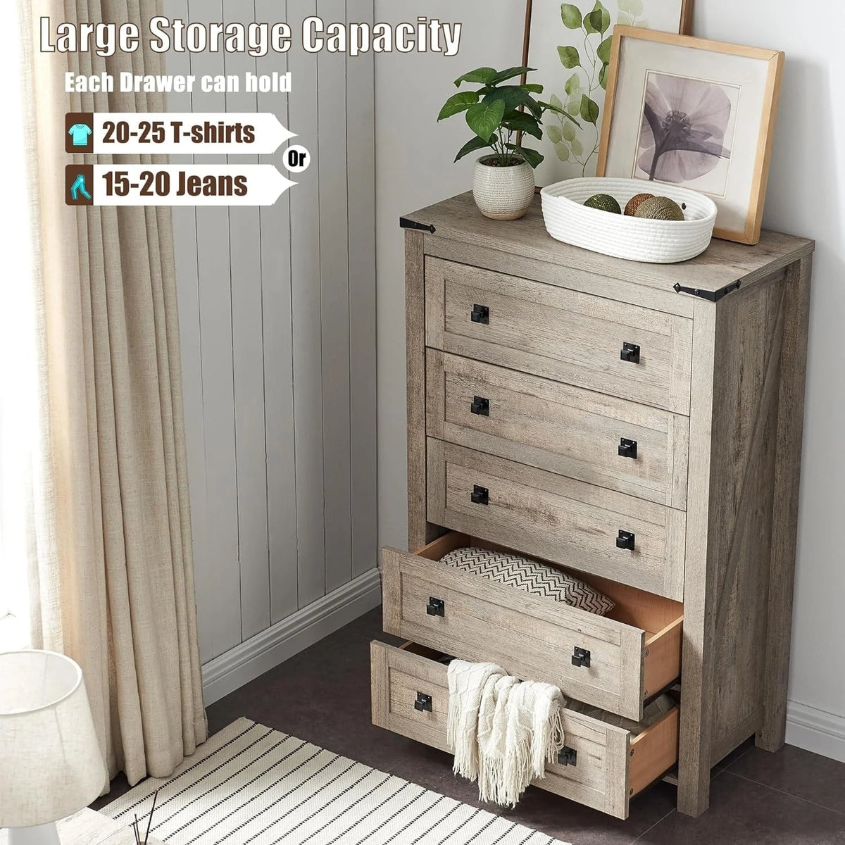 Commode en bois de style campagnard, 5 tiroirs, 122 cm de hauteur, pour chambre à coucher