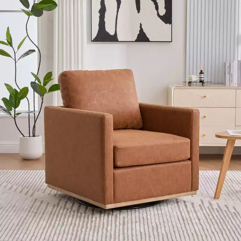 Fauteuil pivotant Etokfoks 30,7 pouces de large en PU marron, avec accoudoirs carrés, fauteuil de salon 360 degrés pour chambre à coucher