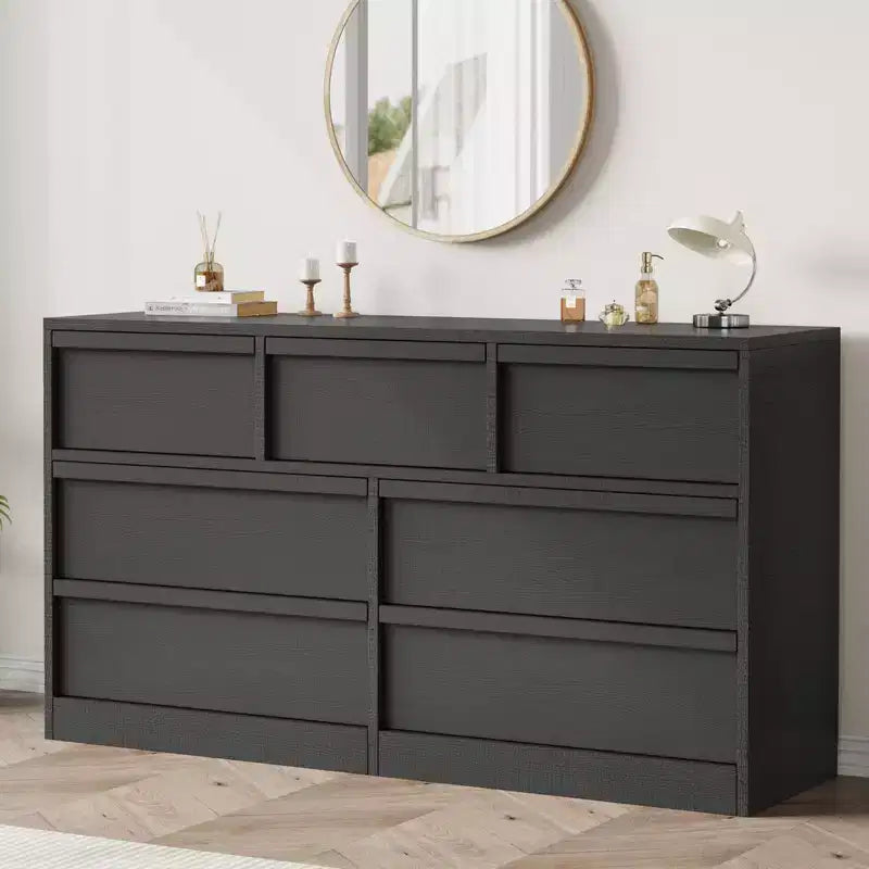 Commode 7 tiroirs pour chambre à coucher, commode noire avec poignées concaves, commode moderne à 7 tiroirs pour chambre, salon, chambre d'enfant