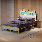 Cadre de lit Bestier Queen/Full en tissu, plateforme de lit LED, tête de lit de rangement avec étagères pliantes et station de charge