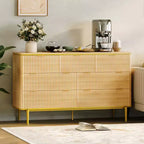 COZONY Commode cannelée 7 tiroirs, 137 cm de large, meuble de rangement moderne en bois avec design incurvé et poignées métalliques pour chambre à coucher ou salon