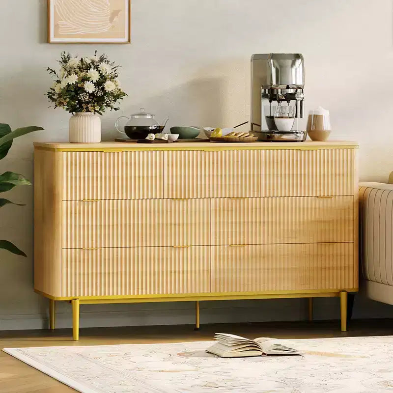COZONY Commode cannelée 7 tiroirs, 137 cm de large, meuble de rangement moderne en bois avec design incurvé et poignées métalliques pour chambre à coucher ou salon