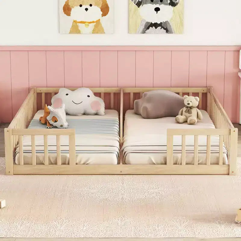 Lit double superposé avec barrière de sécurité, lit plateforme en bois avec clôture pour 2 enfants