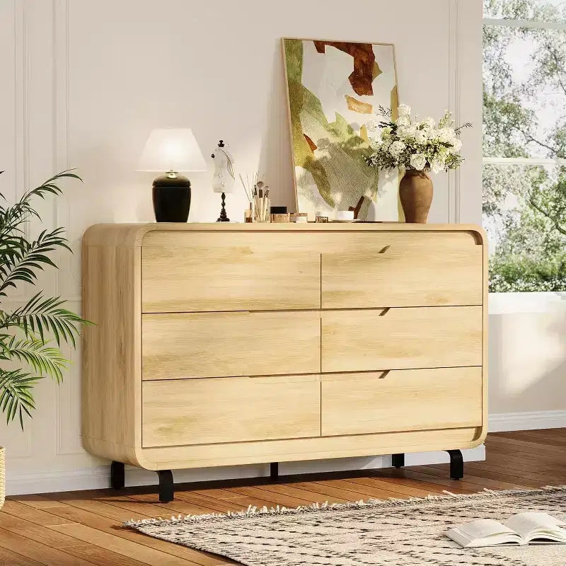 Commode à 6 tiroirs GustoWave, commode en bois avec pieds en métal et kit anti-basculement, meuble de rangement à coins arrondis pour chambre ou salon