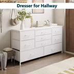 Commode de rangement moderne blanche à 9 tiroirs, dessus en bois, organisateur en tissu, grand meuble de chambre à coucher, entrée, console TV de 45 pouces