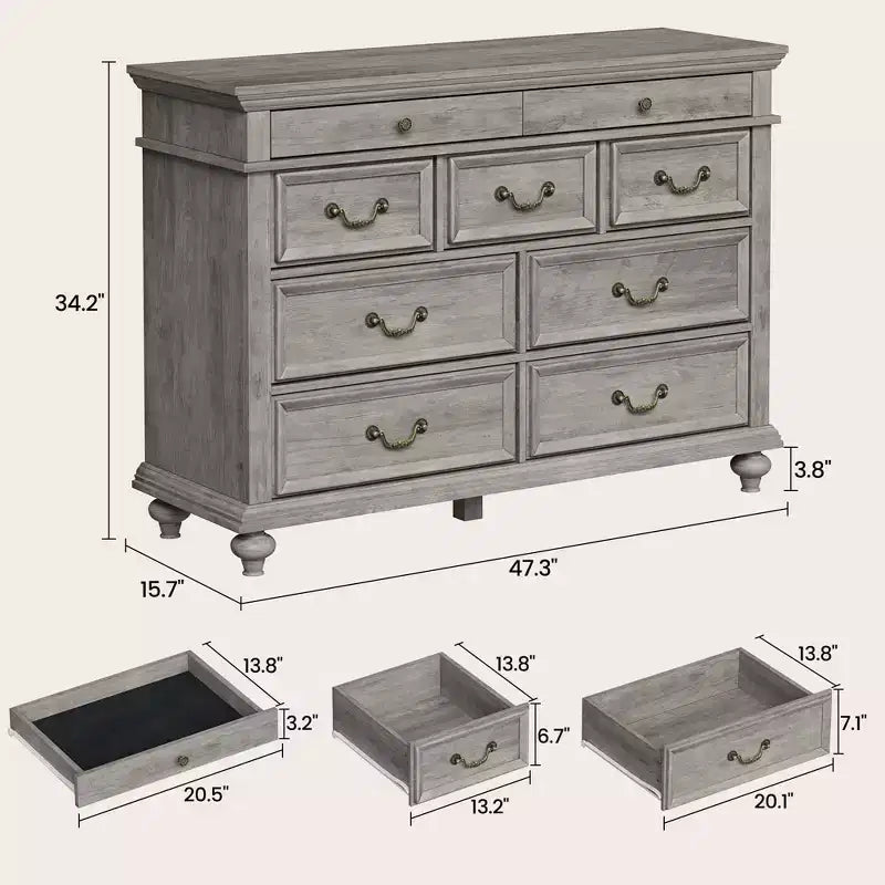 Commode de Ferme à 9 Tiroirs pour Chambre à Coucher, Large Commode Rustique en Bois de 47" avec 9 Tiroirs et Poignées en Métal, Grand Organiseur de Rangement